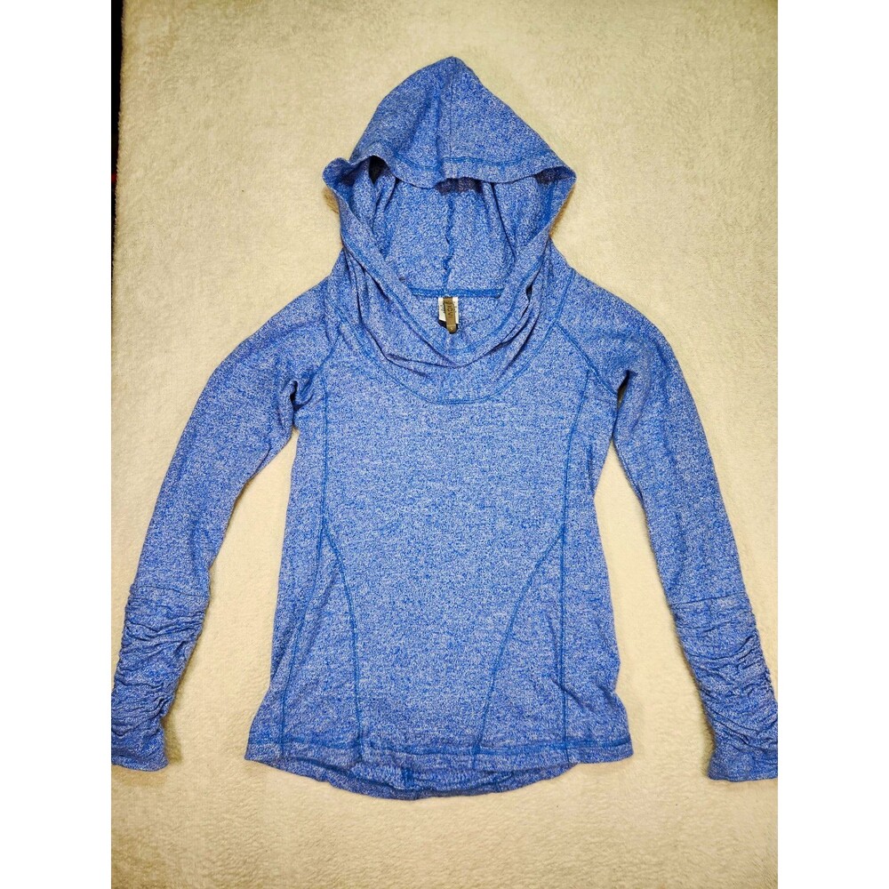 XCVI Wearables Blue Heathered Cowl Neck Hoodie Ruched Sleeves Size Small